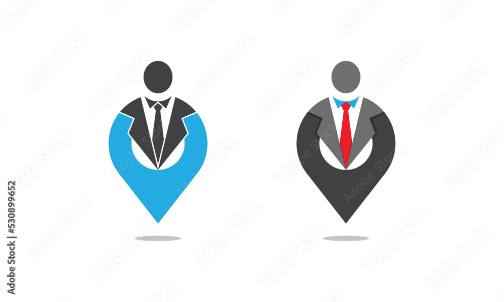 Businessman and Location Pin Combination Logo Concept icon sign symbol Design Element. Boss, Leader, Marketing, Business, Suit, Tie Logotype. Vector illustration Logo template Businessman and Location Pin Combination Logo Concept icon sign symbol Design Element. Boss, Leader, Marketing, Business, Suit, Tie Logotype. Vector illustration Logo template