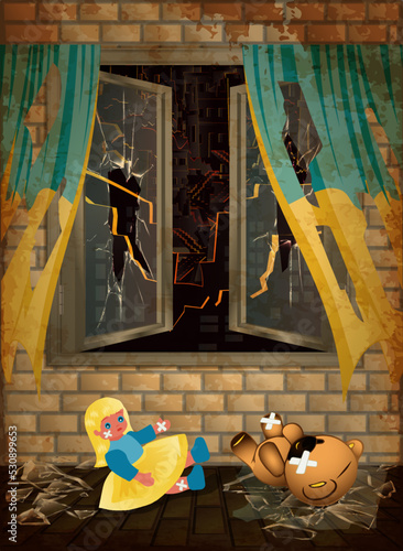 Stop War background. Baby toys fell on broken glass. vector illustration