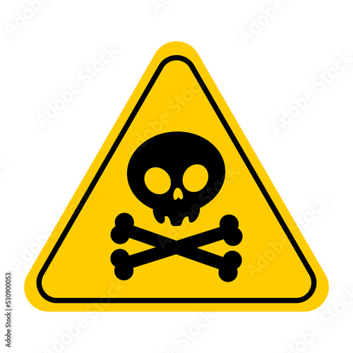 Danger, toxic sign skull icon isolated on white background. Warning skull symbol. Death attention, toxic poison yellow triangle element design. Vector illustration
