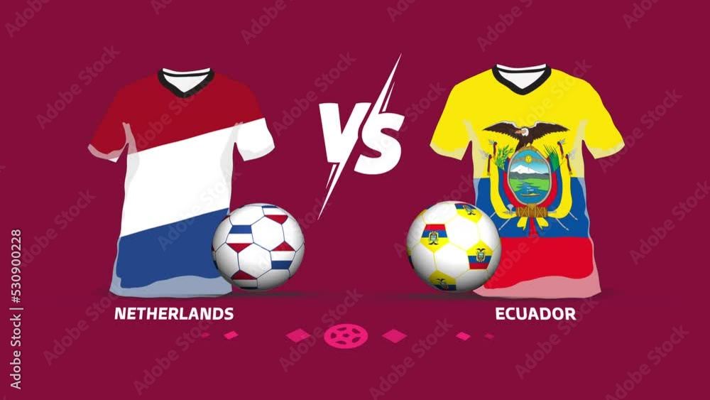 Netherlands vs Ecuador soccer ball match intro animation. Symbolic jersey and football animation using national flags. Graphics resource. 4k video. Netherlands vs Ecuador soccer ball match intro animation. Symbolic jersey and football animation using national flags. Graphics resource. 4k video.