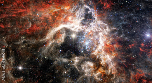 Tarantula Nebula, 30 Doradus, NGC 2070, Star forming region in the deep space. Gas accumulation in outer space. James webb telescope. Space landscape. JWST. Elements of this image furnished by NASA. photo