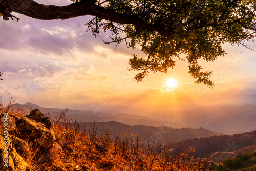 beautiful view from highland with tree on a mountain slope to a mountains and sunset or sunrise valley with amazing sky with clouds and glow photo