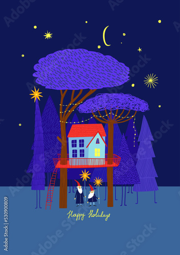 Christmas card with tree house and gnomes