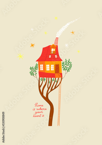 Illustration with cozy fairytale tree house