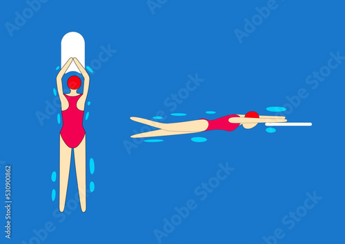 Swimmer with swimming board. Professional sport. Swimming pool instruction.