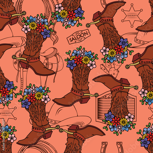 Cowgirl boots with flowers.Pattern, seamless, surface design printing wild west style.