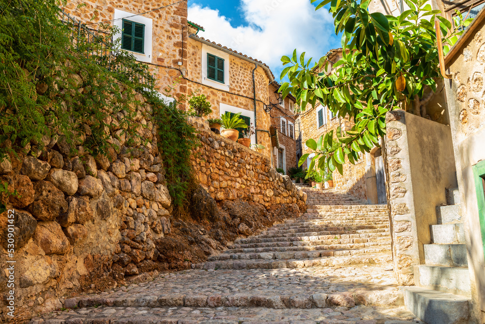 Calle empedrada en Fornalutx, un bonito pueblo en las montañas de la Serra de Tramuntana de Mallorca, con casas de piedra que mantienen su carácter. Islas Baleares, España. 