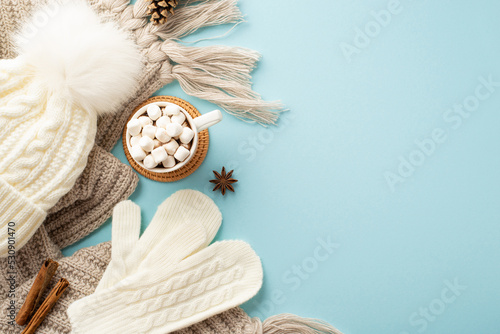 Top view photo of white mittens bobble hat knitted plaid mug of hot chocolate with marshmallow on rattan placemat pine cone anise cinnamon sticks on isolated pastel blue background with empty space