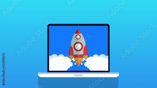 Launch Rocket from computer Screen Animation Business Concept. launching your business or website and boost your startup Creative Idea 
