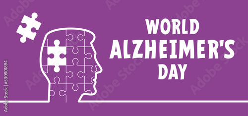 Head, face and jigsaw puzzle pieces. World alzheimer's day. People suffering from the brain disease and memory loss, for neurology, mental illness. Alzheimer disease symptoms. June or September