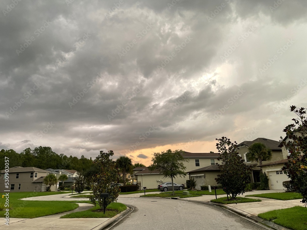 Tampa, FL, USA - 09 10 2022: Thunderstorm cloud above a Florida community	