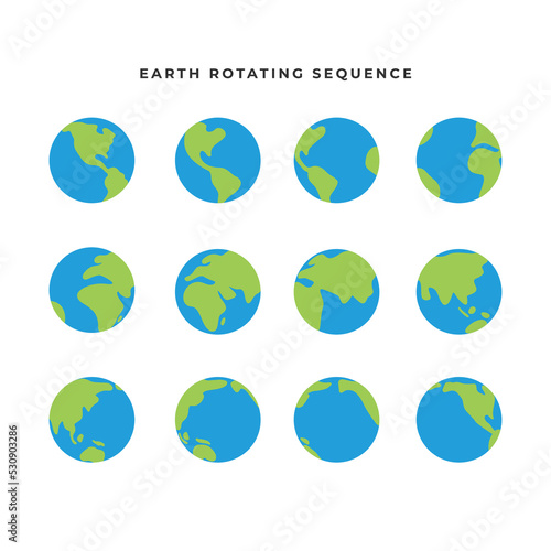 Earth Rotation Sequence. Animated Gif. Earth isolated on white. EPS vector Globe. Earth Day. Spinning Earth. Globe rotation. 12 Frame sequence.