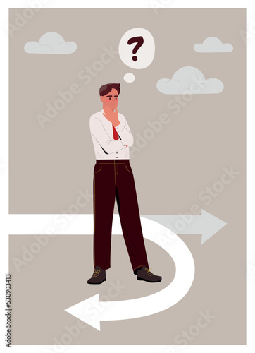 Wrong business decision concept. Confused male entrepreneur turned off intended business path. Recession and financial crisis in company. Return to starting point. Cartoon flat vector illustration