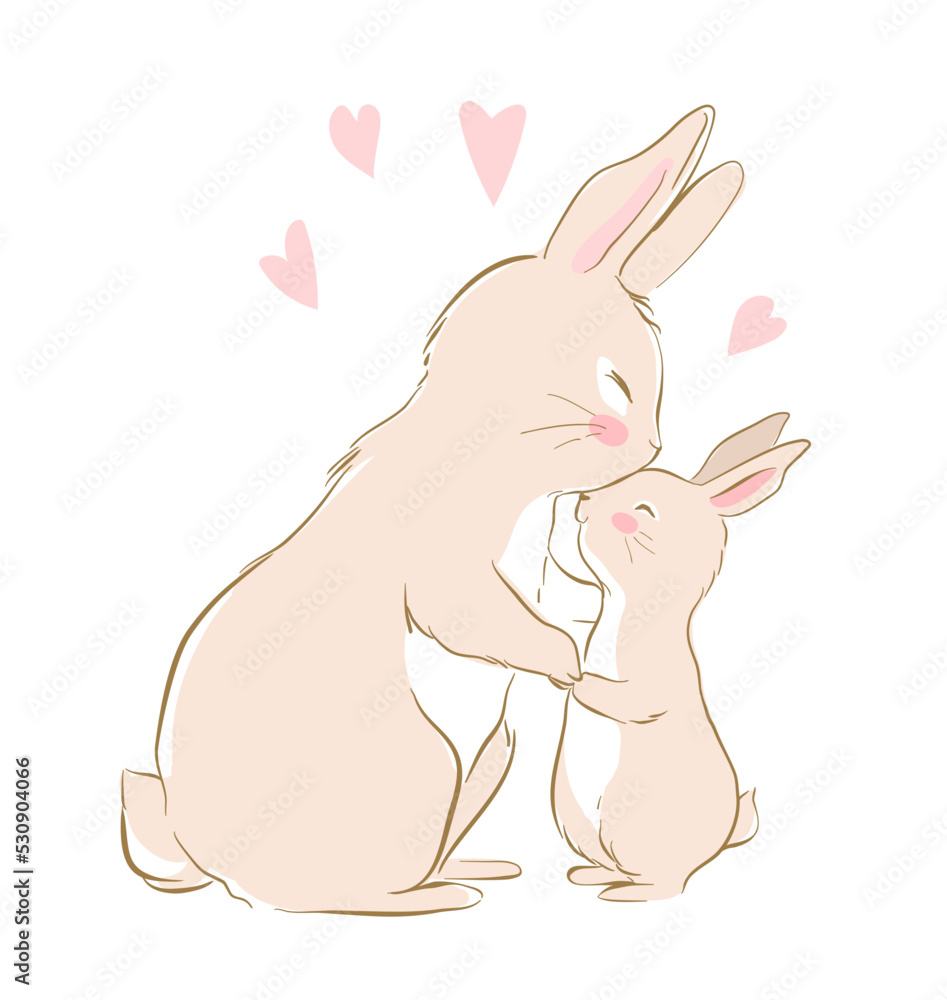 Vector illustration of the mother bunny and baby bunny. Mother hugs and ...