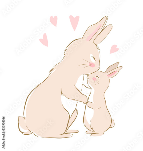 Vector illustration of the mother bunny and baby bunny. Mother hugs and kisses baby rabbit. Cute beige bunnies. Can be used for t-shirt print, kids wear fashion design, baby shower invitation card