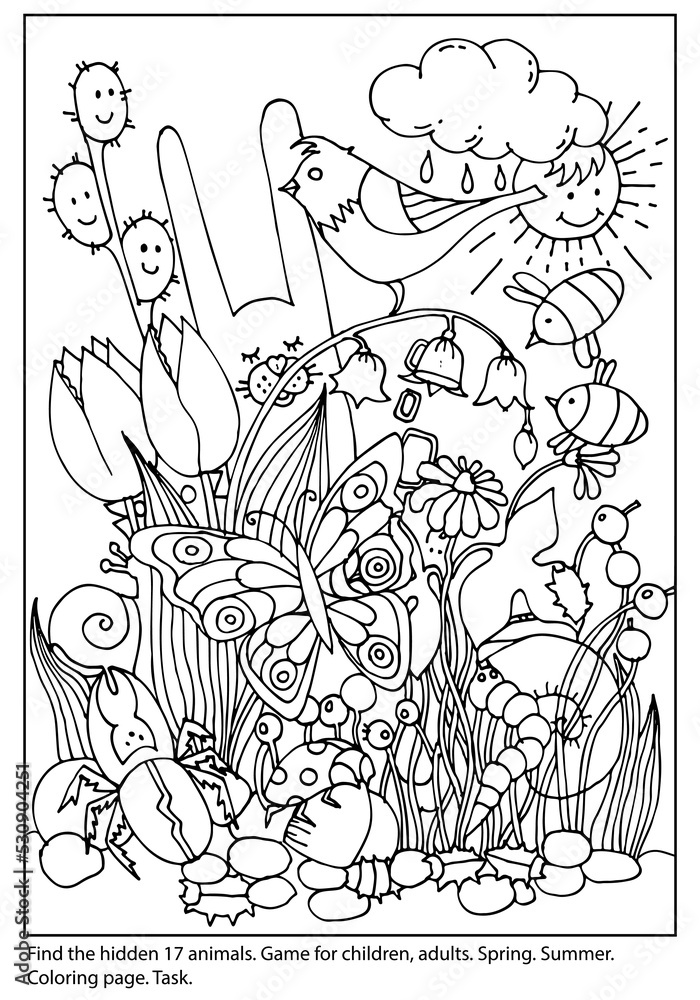Coloring page with game find hidden objects. Spring, summer illustration  with butterfly, bunny, beetle, bees and flowers. Coloring book. Education  worksheet. Hand drawn vector illustration Stock Vector | Adobe Stock