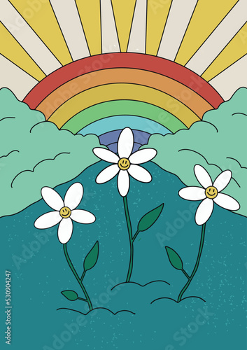 Psychedelic groovy hippie 70s stickers with funny cartoon flower, rainbow, peace, daisy, mushroom. Trendy retro funky cartoon good vibe 