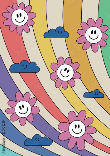 Psychedelic groovy hippie 70s stickers with funny cartoon flower, rainbow, peace, daisy, mushroom. Trendy retro funky cartoon good vibe 