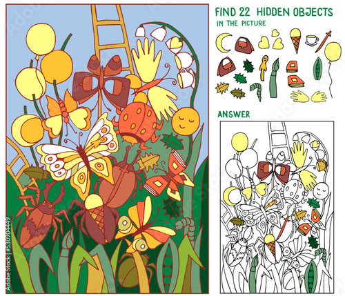 Field with butterflies and beetles. Puzzle hidden items. Find 22 hidden objects in the picture. Hand drawn vector.
