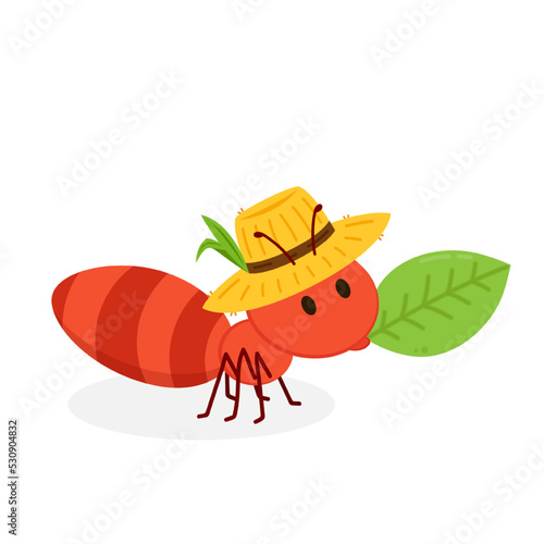 Ant character vector. Ant on white background. Ant in a Peasant hat vector. Farmer hat.