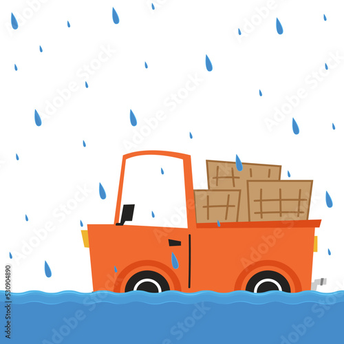 Flooded road vector. Road flooding. A truck trying to drive against flood on the street.
