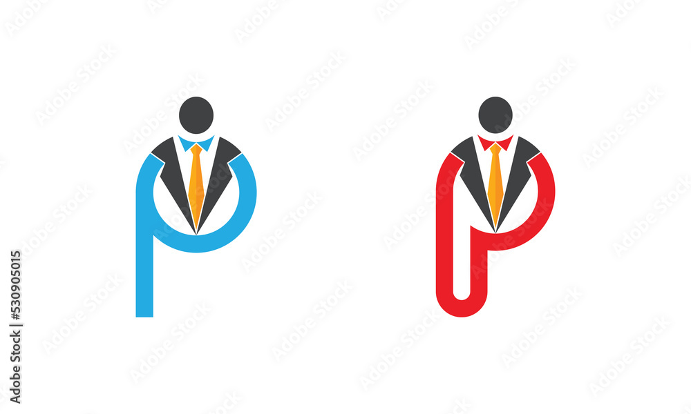 Initial Letter P Businessman Logo Concept icon sign symbol Element Design. Boss, Leader, Marketing, Business, Suit, Tie Logotype. Vector illustration Logo template Initial Letter P Businessman Logo Concept icon sign symbol Element Design. Boss, Leader, Marketing, Business, Suit, Tie Logotype. Vector illustration Logo template