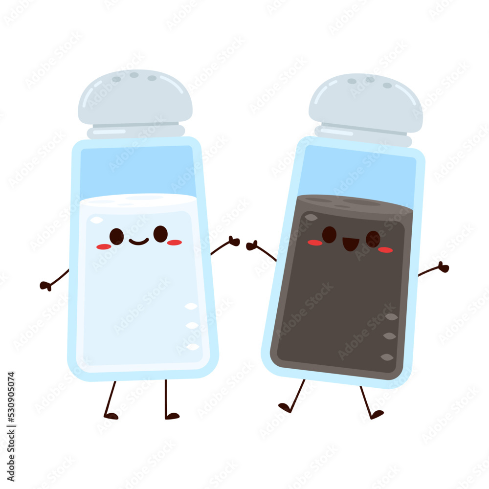 Salt and Pepper shaker vector. Cute cartoon salt and pepper shaker couple  with smiling faces. Kawaii characters drawing vector. Stock Vector