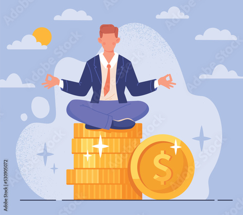 Financial guru concept. Young male entrepreneur meditates on pile of gold coins. Financial literacy and money management. Successful investor with high profit. Cartoon flat vector illustration