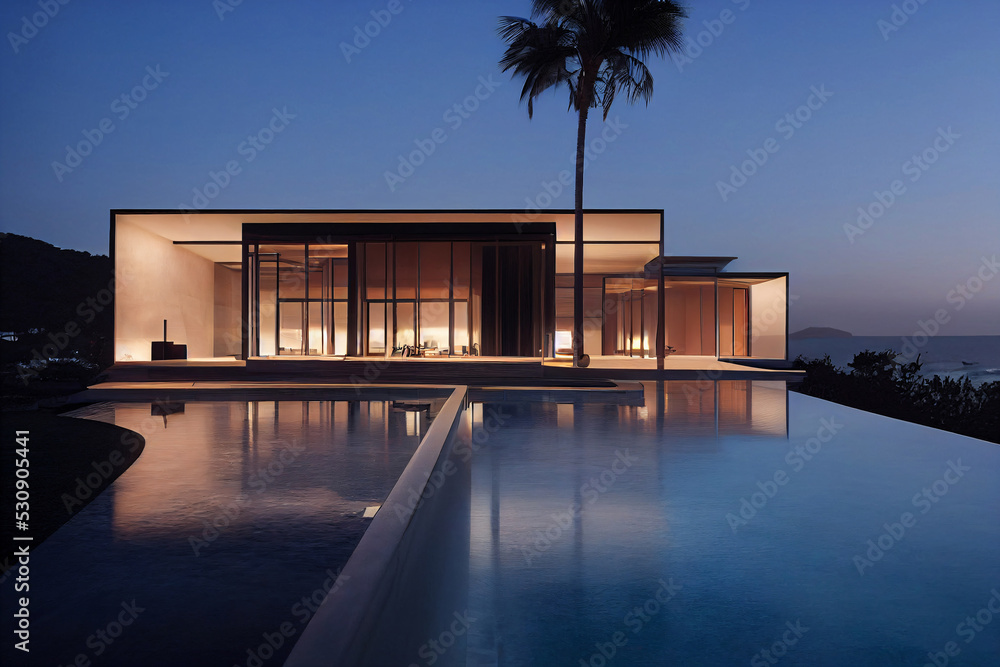 Modern design villa at night - obrazy, fototapety, plakaty 