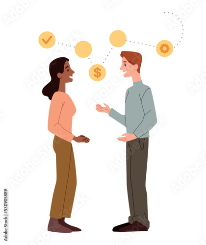 Business activity concept. Young man and woman entrepreneurs communicate, discuss financial strategy or project. Partnership, collaboration or teamwork. Cartoon modern flat vector illustration