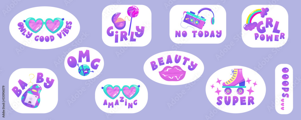 Retro Y2K sticker girly 90s set. Funny neon cartoon vector illustration. Good vibes. Sticker with roller, glasses, rainbow on white. Hippie aesthetic patch.