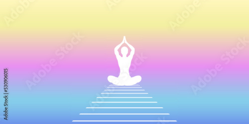 Gradient Summer Tropical Background with White Shining Yoga Woman. Vector Illustration.	