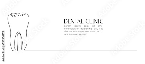 One continuous line drawing of tooth. Dental clinic logo or oral health and hygiene in simple linear style. World Dentist Day web banner template. Editable stroke. Doodle vector illustration