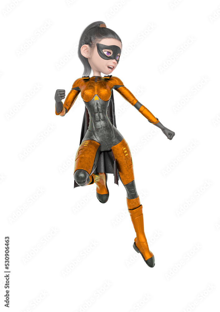 superheroine girl is floating and ready for action in white background superheroine girl is floating and ready for action in white background