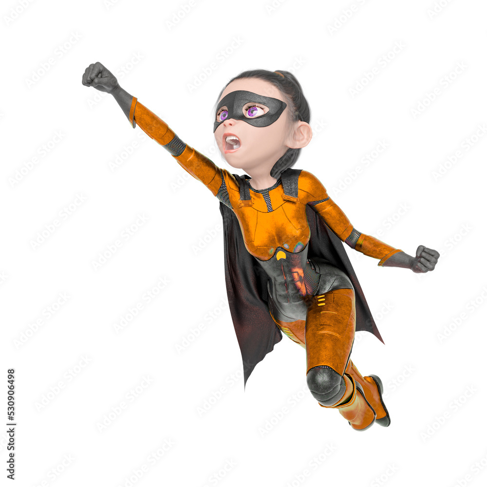 superheroine girl is flying up in white background superheroine girl is flying up in white background
