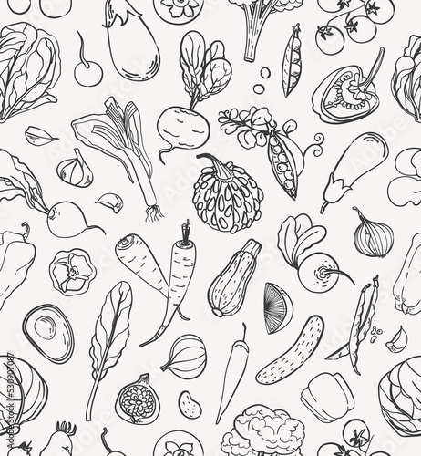 Seamless pattern with autumn vegetables. Linear black and doodle sketch. Pumpkin  leaf  tomato  beetroot  eggplant  carrot  onion and radish. Fall harvest illustration for wallpaper  wrapping  textile