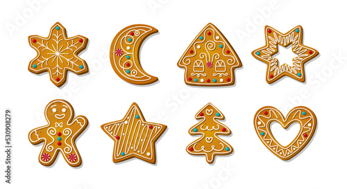 Gingerbread cookies. Winter homemade sweets in shape of house and gingerbread man and moon, star and snowflake, xmas tree and heart. Cartoon Vector illustration