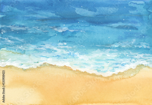Sea wave water and sand. Art Abstract Watercolor and acrylic flow blot smear painting. Color canvas texture background.