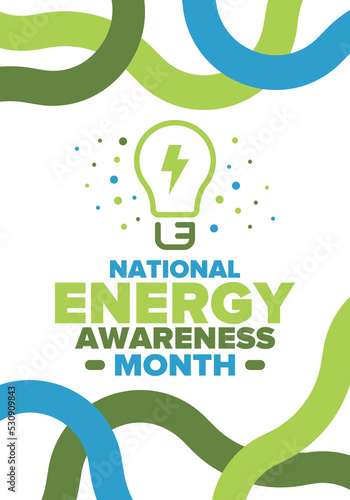 National Energy Awareness Month in October. Optimization and management of energy consumption. The introduction of advanced technology, encourage the use of renewable energy. Energy security. Vector