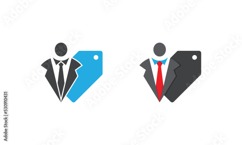 Price Tag and Businessman Combination Logo Concept sign icon symbol Element Design. Shopping, Shop, Store, Suit Shop, Tailor Logotype. Vector illustration Logo template