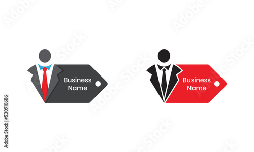 Price Tag and Businessman Combination Logo Concept sign symbol icon Element Design. Shopping, Shop, Store, Suit Shop, Tailor Logotype. Vector illustration Logo template