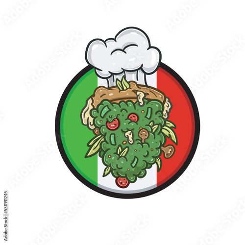 Cartoon Mascot of Weed Bud Pizza Logo With Circle Ribbon, Hat Chef and Italy Background.