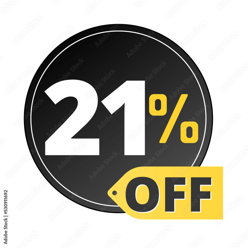 21% off limited special offer. Discount banner in black and yellow circular balloon. Twenty one 21% off limited special offer. Discount banner in black and yellow circular balloon. Twenty one