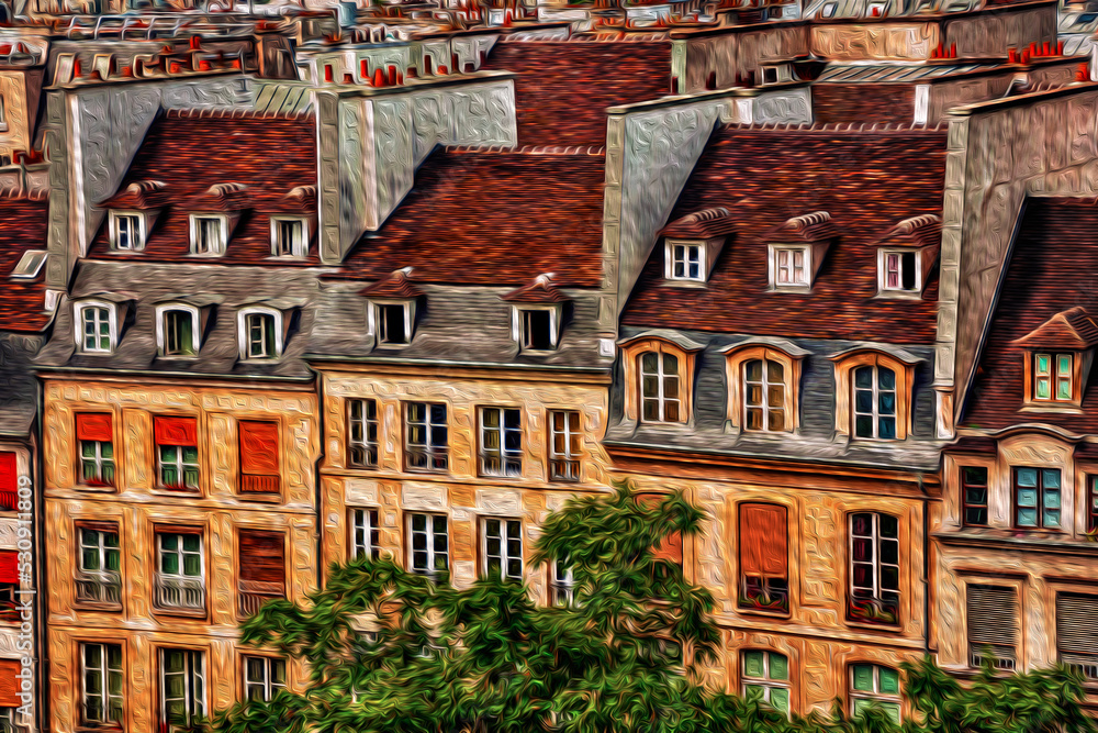 Facade of charming old semi detached buildings seen from the Center Georges Pompidou in Paris. The charming capital of France. Oil paint filter.