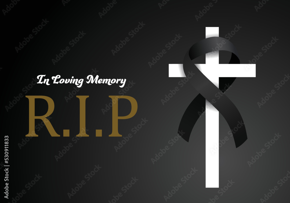 Funeral Card Vector Template. Black ribbon on white cross. Obituary memorial, gravestone funeral card design. Golden text RIP on black background. Vector illustration Funeral Card Vector Template. Black ribbon on white cross. Obituary memorial, gravestone funeral card design. Golden text RIP on black background. Vector illustration