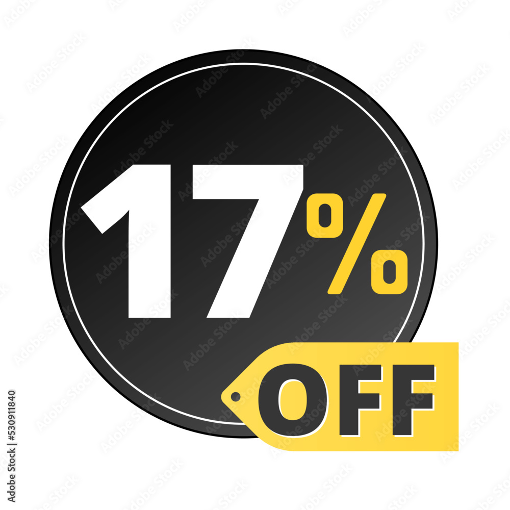 17% off limited special offer. Discount banner in black and yellow circular balloon. Seventeen 17% off limited special offer. Discount banner in black and yellow circular balloon. Seventeen