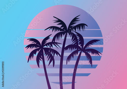 Retro futuristic palm trees in 80s style at sunset. Summer time, palm trees on the background of the sun, retro style. Design for advertising brochures and banners. Retro 90s, bright background
