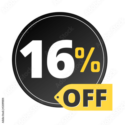 16% off limited special offer. Discount banner in black and yellow circular balloon. Sixteen 