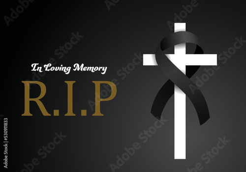 Funeral Card Vector Template. Black ribbon on white cross. Obituary memorial, gravestone funeral card design. Golden text RIP on black background. Vector illustration