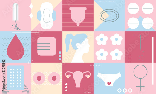 Period days. Feminine hygiene products. Menstrual cycle and menstrual products. Pad, Menstrual Cup, Tampon and Blood. Menstrual flow. Woman's body health care vector illustration